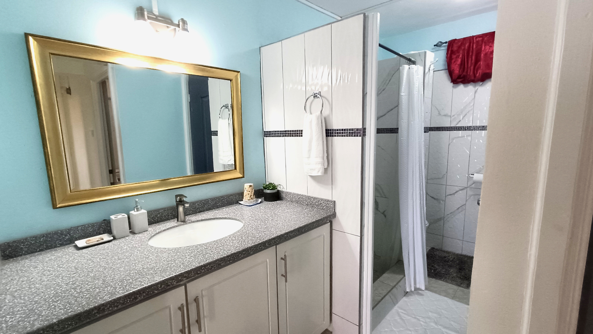 Bathroom with shower and vanity